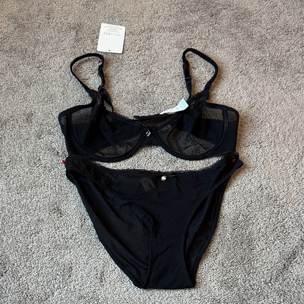 Varsbaby Black Sheer Mesh Underwire Bra & Panty Lingerie Set SIZE 36D/XL
